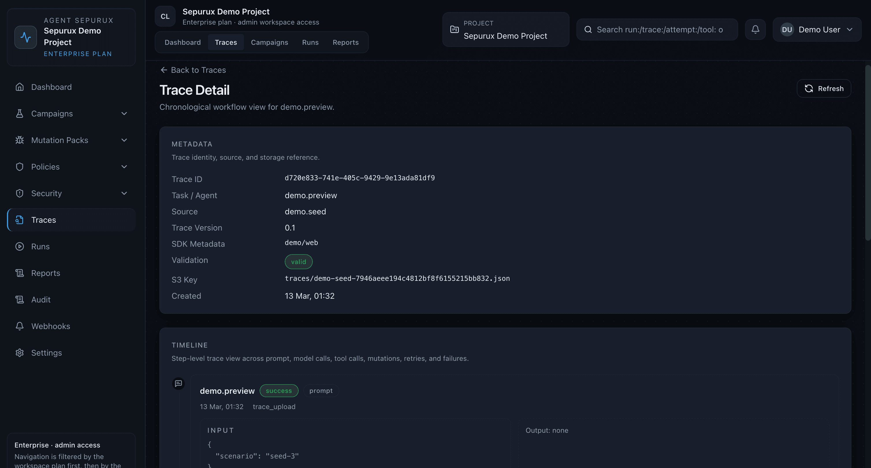Sepurux trace view with prompt, tool call, and breakpoint inspection